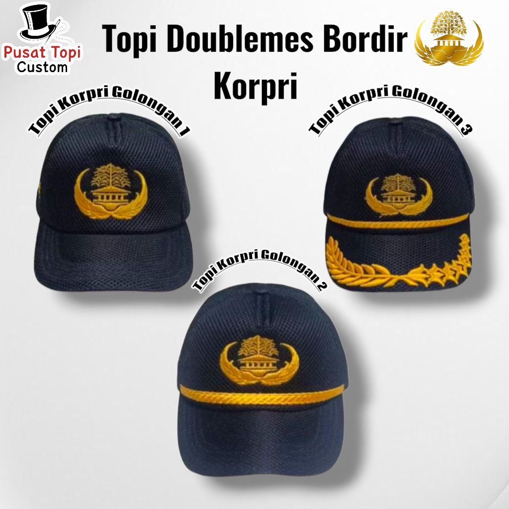 Topi Korpri Hitam Bahan Doublemes Golongan 1/2/3 - Topi Pns Bordir - Topi Dinas Pns Bordir - Topi Ko