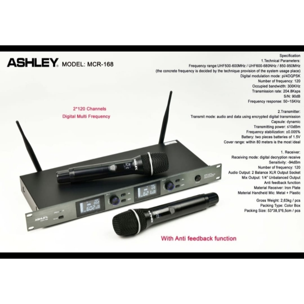 Mic Wireless Ashley MCR 168 MCR168 Original Anti Feedback Function Microphone