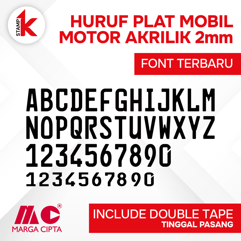 Huruf Timbul Plat Nomor Mobil Motor Akrilik Marga Cipta 2mm Font Terbaru - INCLUDE DOUBLE TAPE