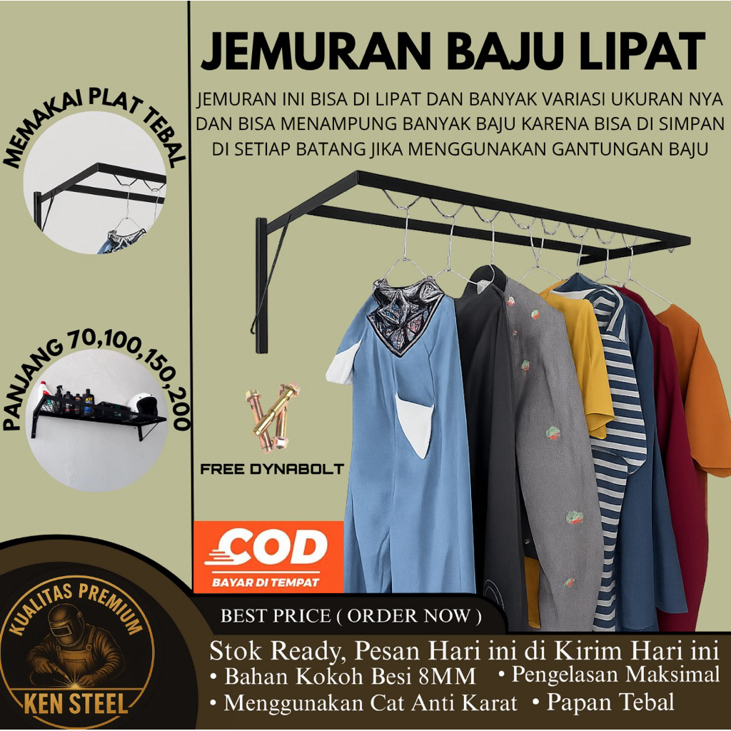 Jemuran Baju Lipat Dinding Besi Kuat Anti Karat | Jemuran Tempel Tembok Minimalis + Free Dynabolt