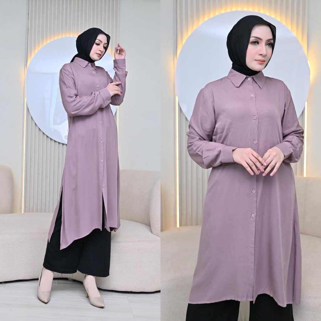 Daisy Long Tunik Polos Rayon Twill Premium Baju Atasan Wanita Muslim Jumbo Kerja Lengan Panjang