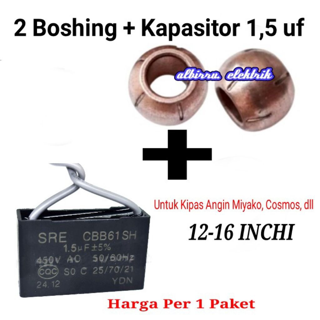 Sepasang Boshing 8 MM + Kapasitor 1,5 UF 450vac Kipas Angin Miyako Universal