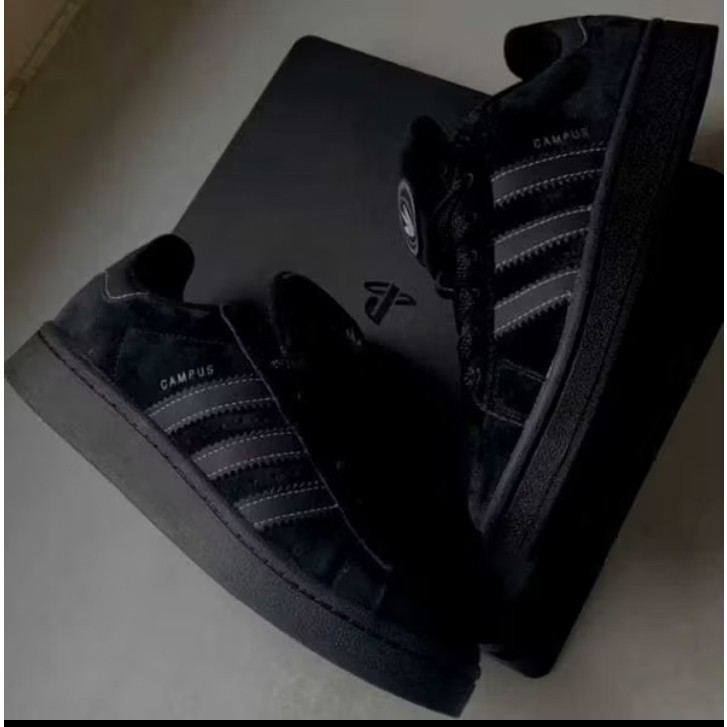 New  Sepatu Campus Premium Tali Gemuk Pria Wanita Hitam Polos Sepatu Sekolah Full Black Skena Ootd T