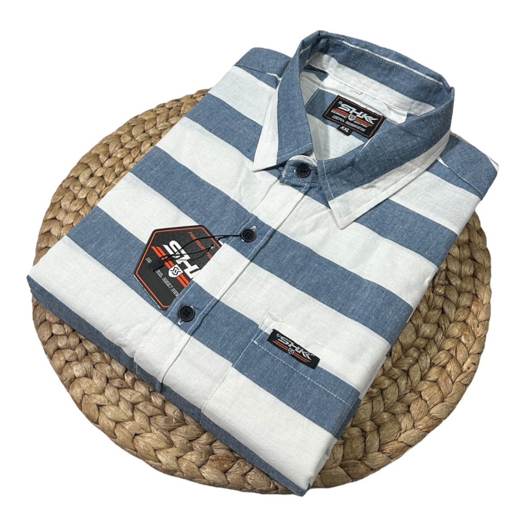 kemeja motif garis lengan pendek jumbo pria XXL XXXL atasan kemeja pendek big size over size terbaru