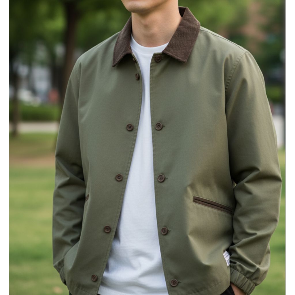 Coach Jacket by Grooverhyme Corduroy Collar Olive Green Color Like Deck Jacket USN Military Casual