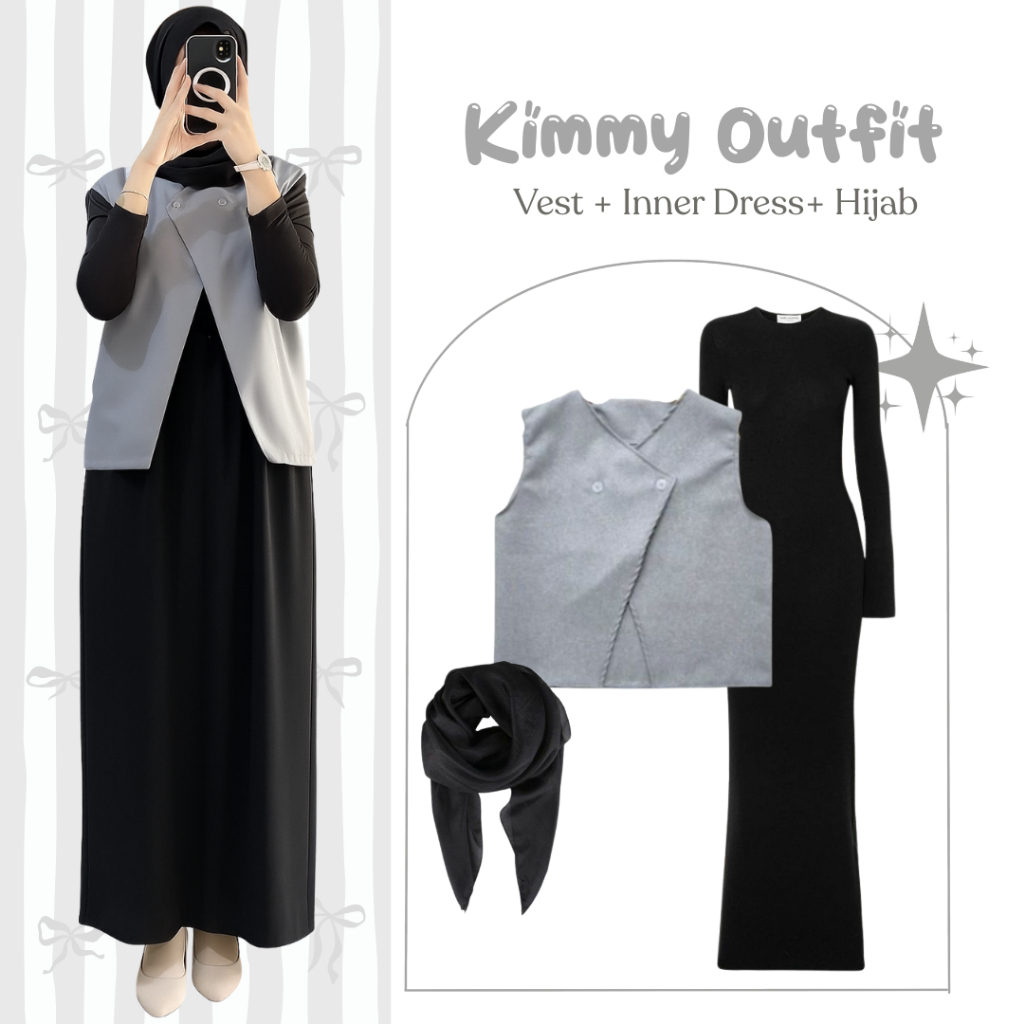 Kimmy Outfit | OOTD 3 in 1 | One Set simple Vest + Inner Dress + Hijab | Setelan Keren Kekinian BW18