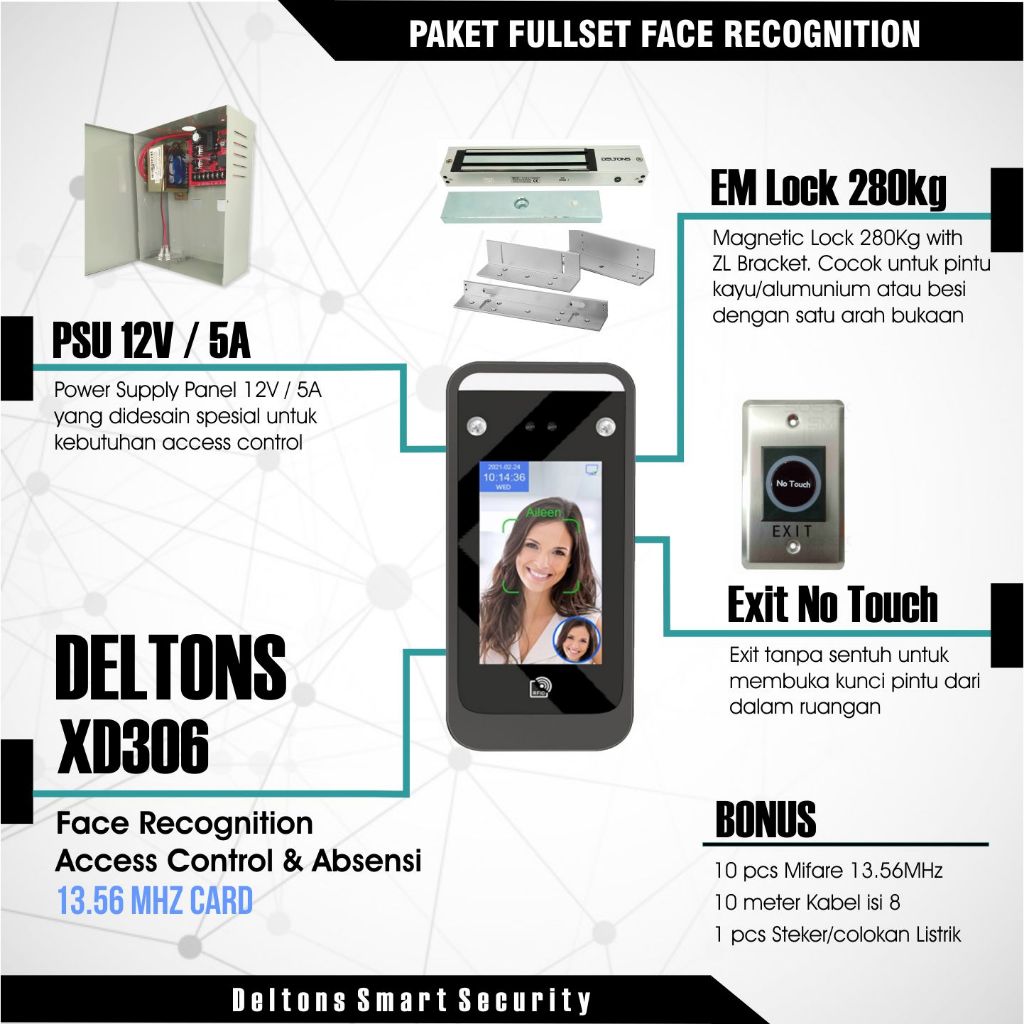 Paket Access Control Deltons XD306 Face Recognition Akses Wajah Dropbolt
