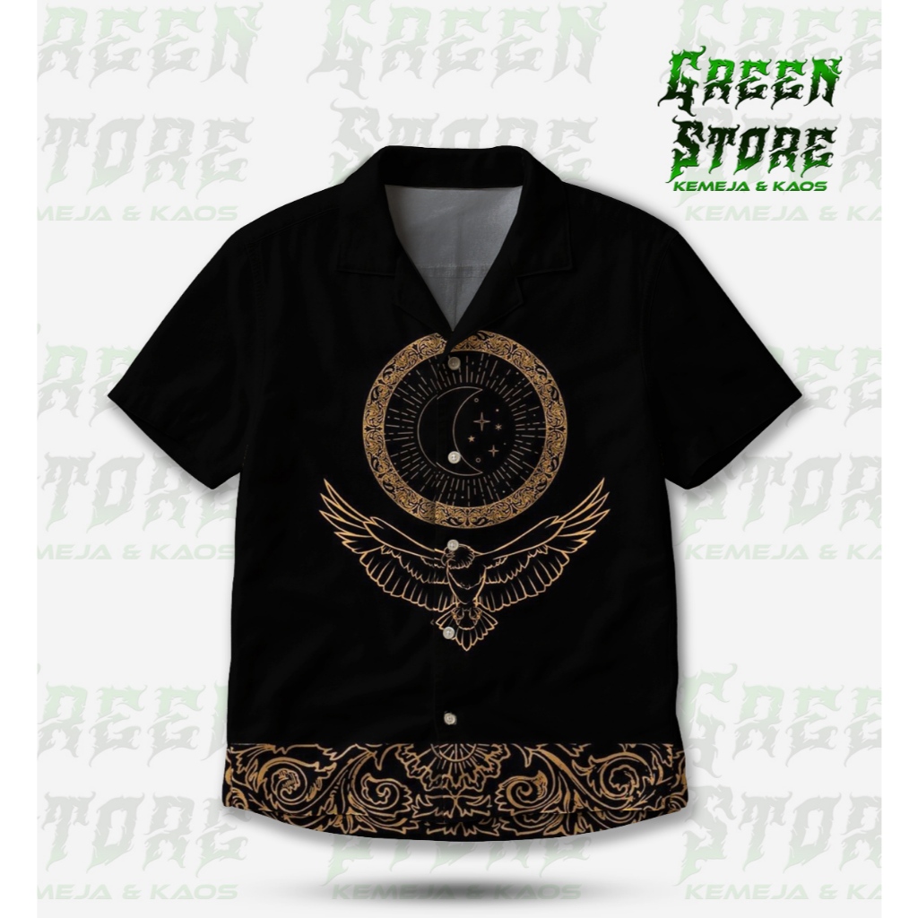 GREEN STORE Kemeja Hitam Motif Elang Bulan Emas Astrologi Spiritual Unisex Premium | GS-185