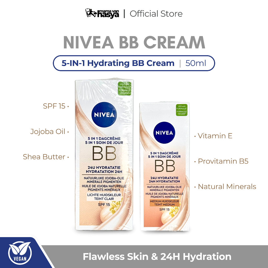 NIVEA BB CREAM 24H Hydration Dengan Jojoba Oil, Vitamin E, dan Pigmen Mineral