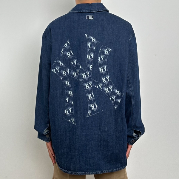 Kemeja MLB NY MONOGRAM WHITE BACK BLUE DENIM LONG SHIRT 100% ORIGINAL