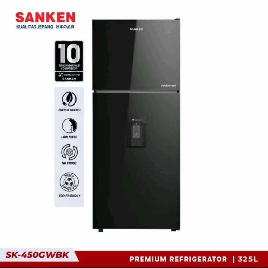 Kulkas Inverter 2 Pintu 428 Liter Tempered Glass Sanken SK-450GWBK With Dispenser