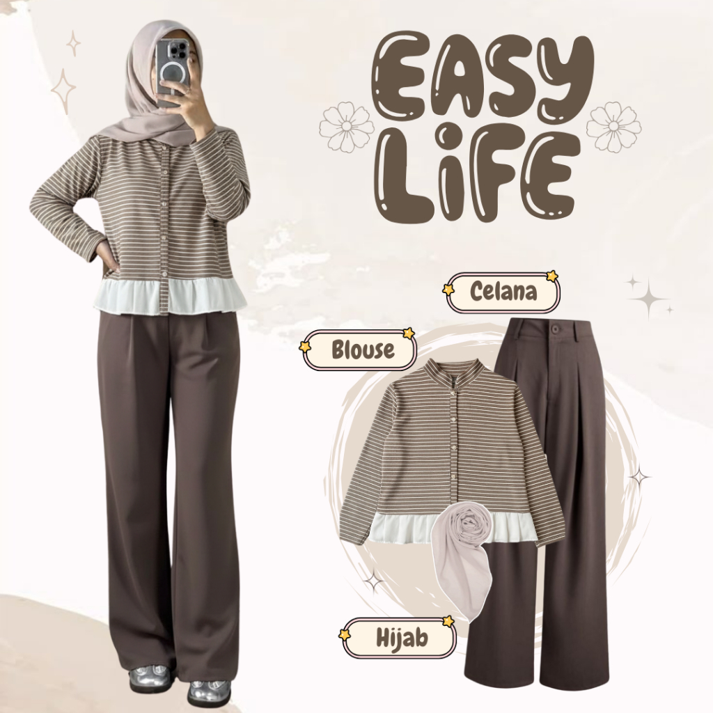 One Set Blouse Korean Style Hijab (Blouse Wanita Korean Style + Celana Kulot Wanita + Hijab Segi Emp