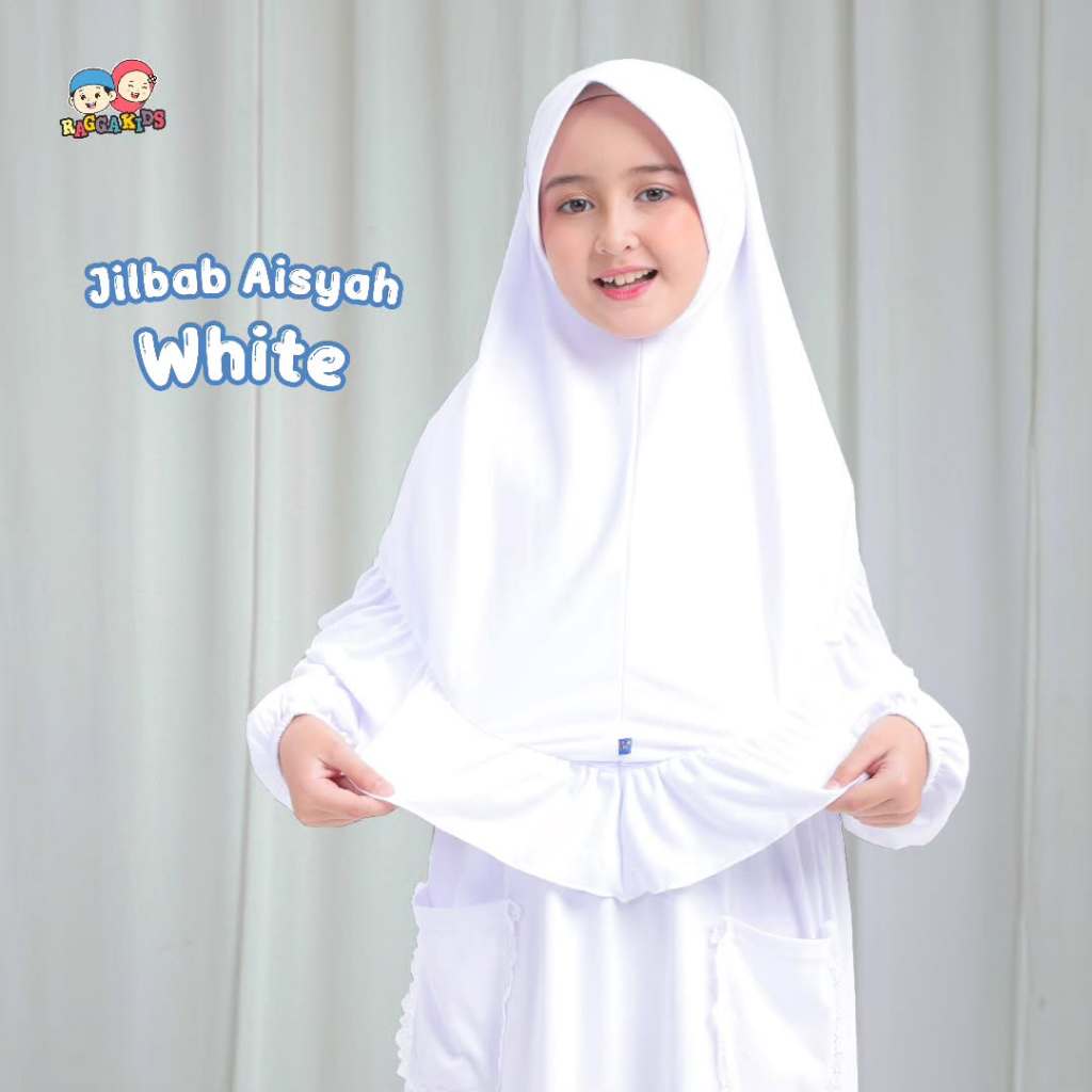 (2-13 TAHUN) JILBAB KAOS PUTIH SEKOLAH ANAK / KERUDUNG PUTIH ANAK TK SD / JILBAB AISYAH BY RAGGAKIDS