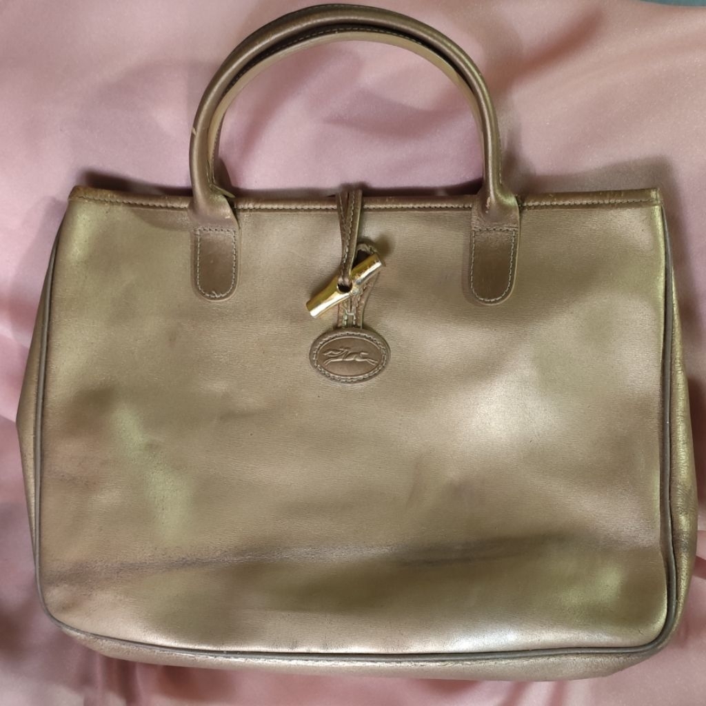 Tas L0ngch@mp LC Vintage Leather Roseau Handbag Gold Preloved