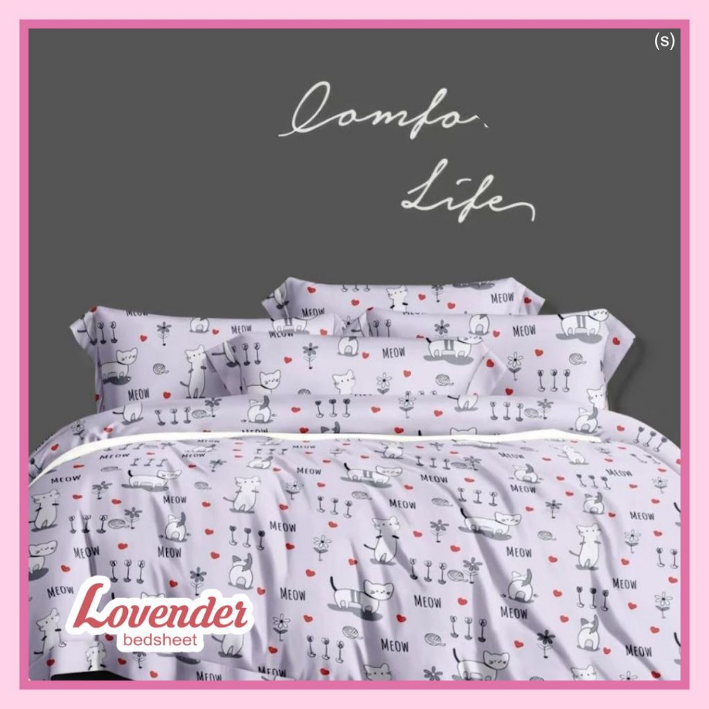 Sprei/Bedcover katun JEPANG pastel ungu lilac purple cat kucing kitten meow hati heart love animal a