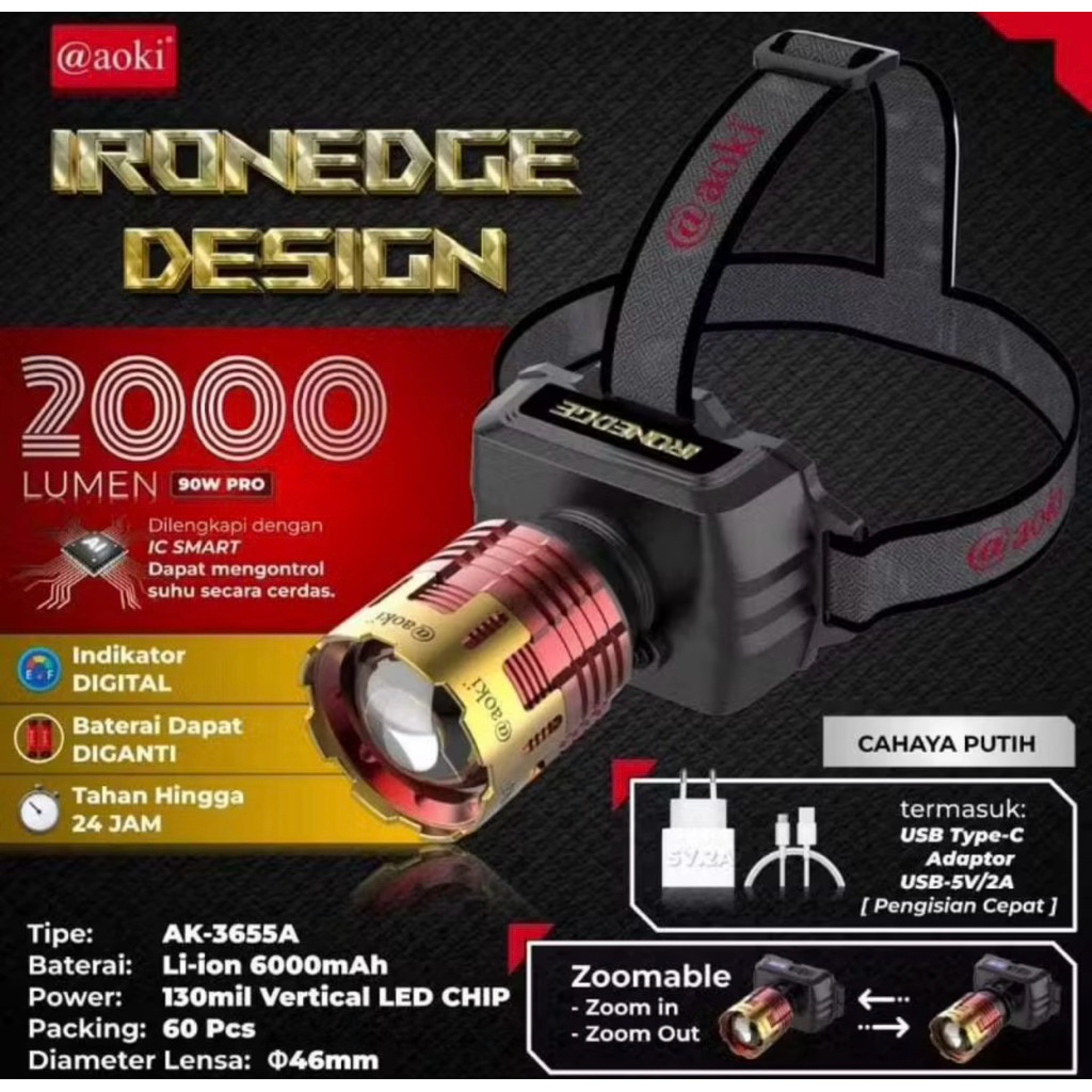 ORIGINAL  SENTER KEPALA ZOOM LED 90W PRO AOKI AK-3655A - BATERAI 6000mAh