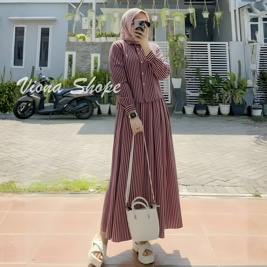 Sheila One Set Rok Bahan Katun Salur Setelan  Kemeja Wanita