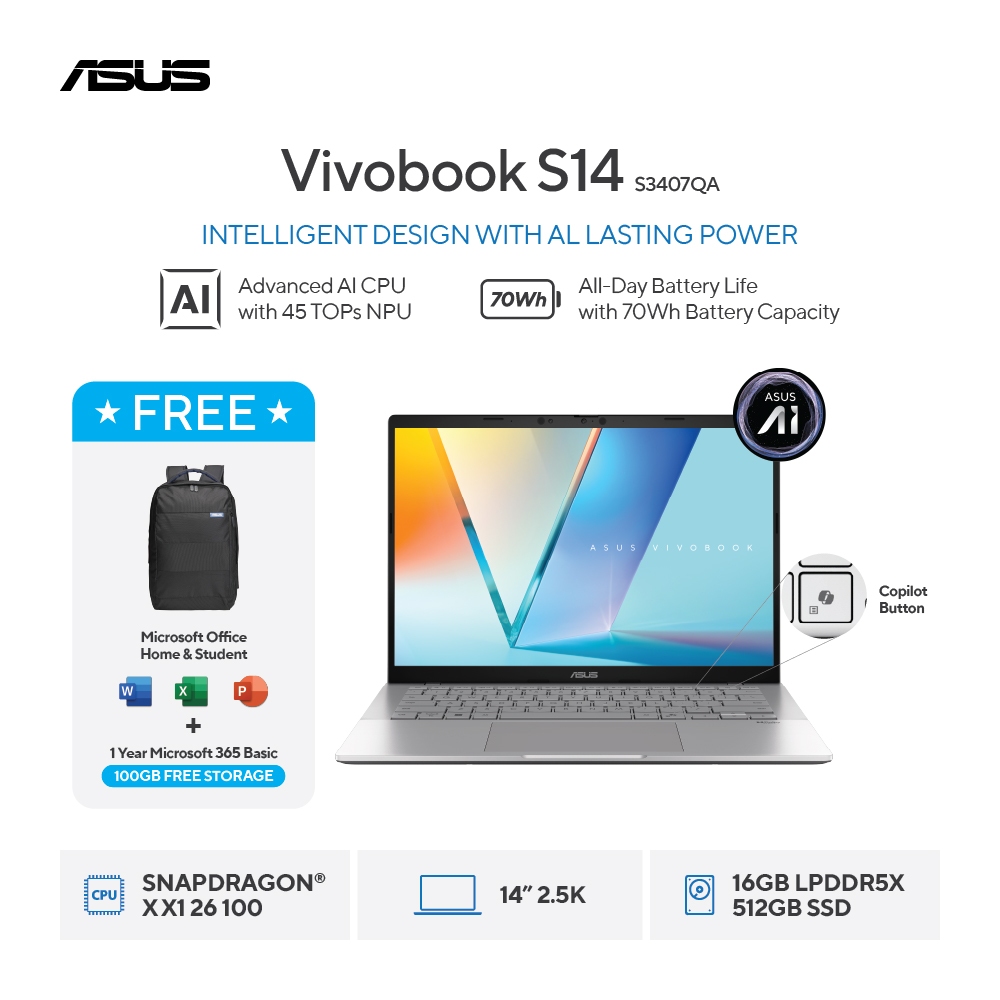 ASUS Vivobook S14 S3407QA-IPSP151M - Matte Gray [Snapdragon X  X1 26 / Qualcomm Adreno GPU / 16GB / 