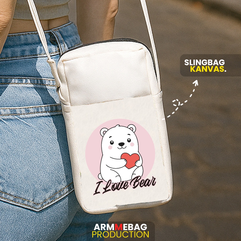 SLING BAG PHONE ILOVE BEAR BAHAN KANVAS UKURAN KECIL - TAS SLEMPANG / SLING BAG KANVAS