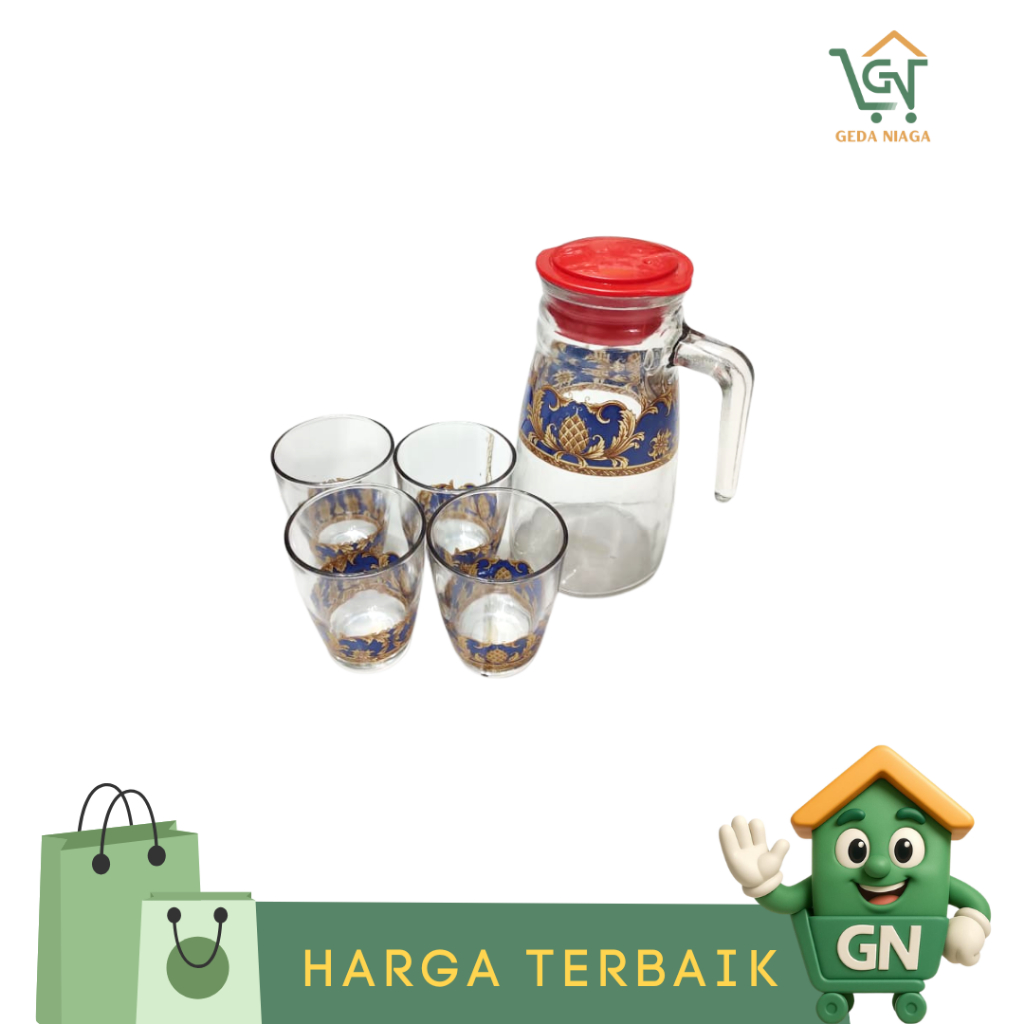 Set 1 Teko dan 4 Cangkir / Satu Set Teko Kaca Motif Kembang