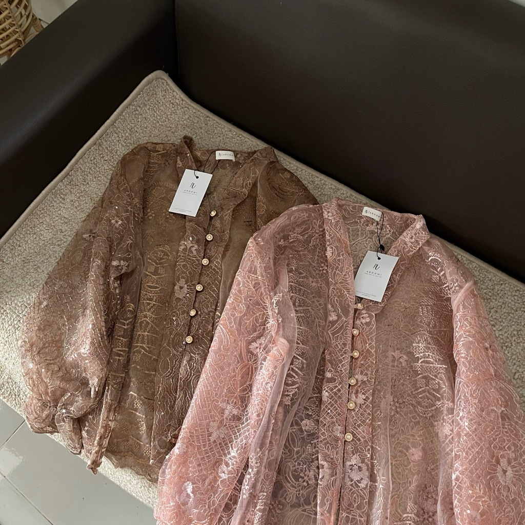 AROOMI.CO - Outer Lebaran Brokat | Kemeja Brokat | Blouse Tile | Kebaya Atasan Wanita | Baju lebaran