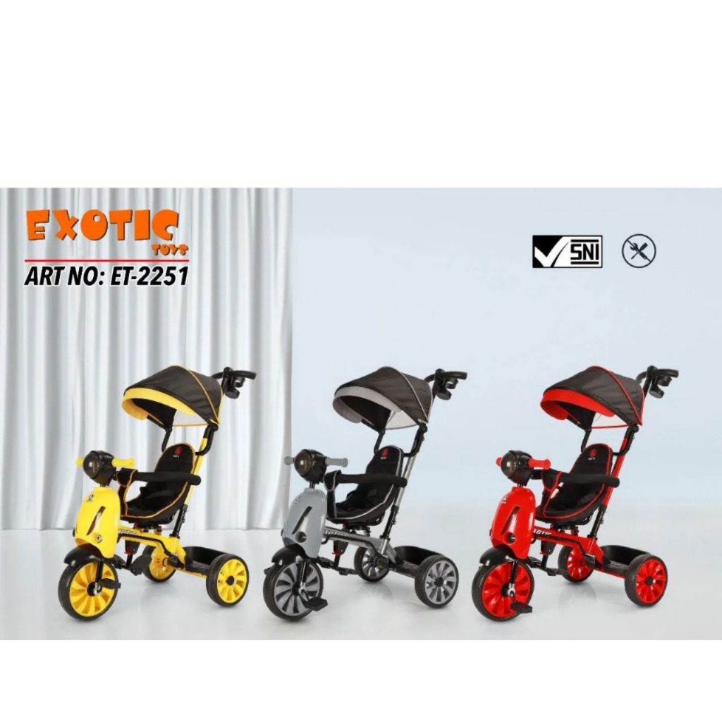 Sepeda Anak Roda Tiga Exotic ET-2251 Tricycle Ada Musik Lampu dan Keranjang Ride on Toys