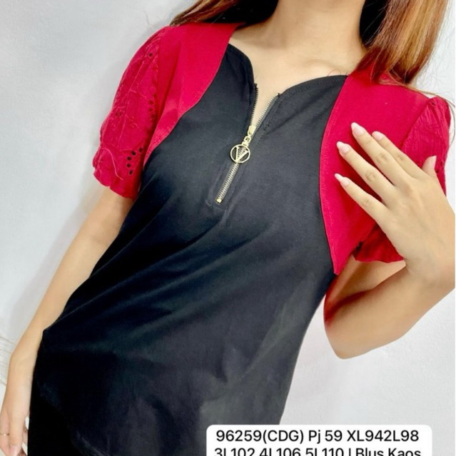 96259 | BLOUSE KAOS KOMBINASI KATUN BORDIR ZIPER POLO STRETCH LENGAN PENDEK MERAH KUNING HIJAU