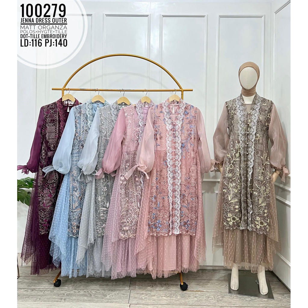 Gamis jenna dress outer matt organza polos hgyte  tille motif bunga 6 warna