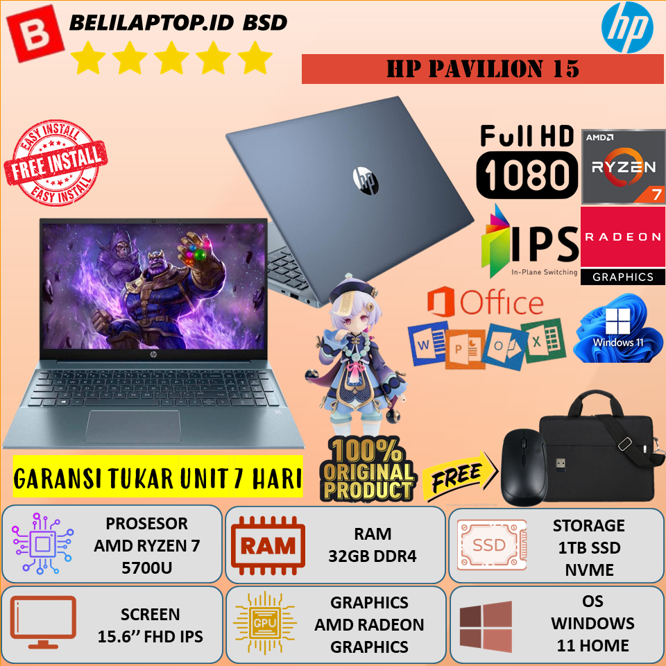 Laptop Gaming Murah HP Pavilion 15 Amd Ryzen 7 5700U Ram 32GB DDR4 1TB SSD 15.6'' FHD IPS Windows 11