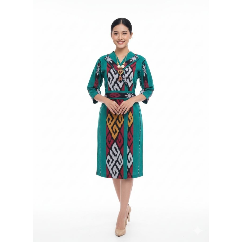 DRESS TENUN WARNA HIJAU TOSCA TERBARU KANCING DEPAN MOTIF TORAJA