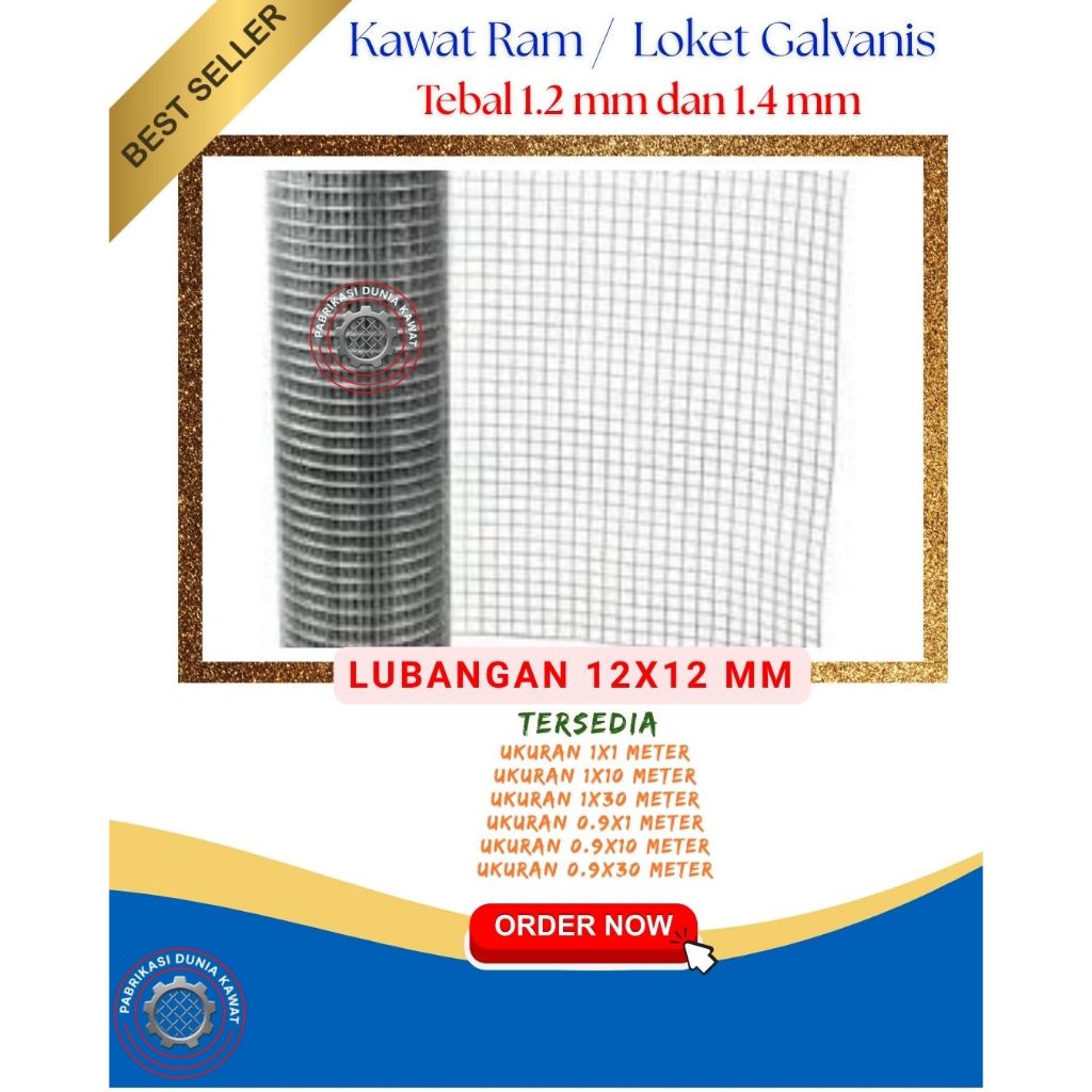 Kawat Loket / Ram Galvanis Tebal 1.2mm & 1.4mm – Lubang 12x12mm – Ukuran per meter