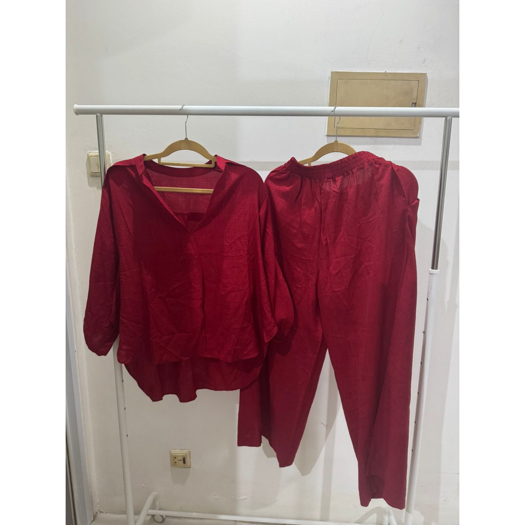 Set Linen pakaian wanita | Baju set imlek merah | Baju santai wanita satu set | Baju atasan wanita b
