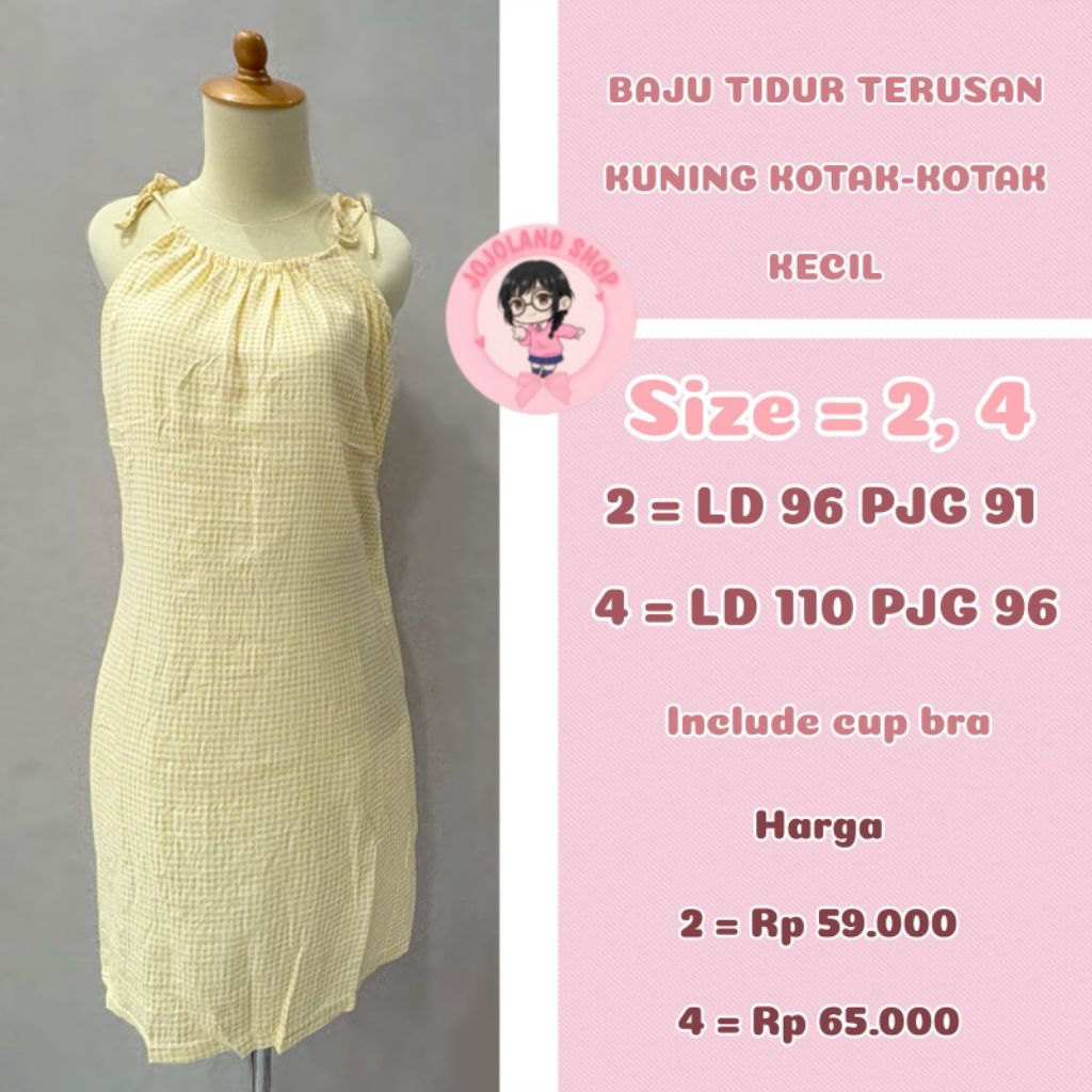 Baju tidur terusan kuning kotak kotak kecil || Kualitas premium