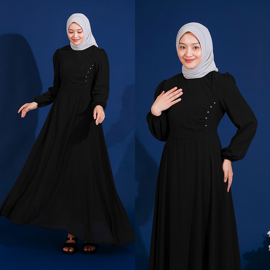 Naomi Dress Sulfur Black V1 / Dress Rempel / Dress kondangan / Dress Ceruty Polos Hiasan Mutiara Put