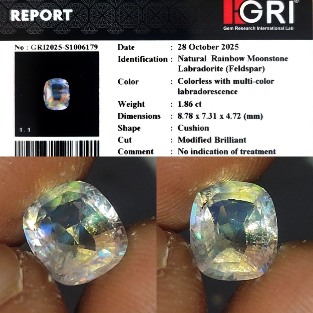Natural Rainbow Multicolor Moonstone 1.8ct GRI Material Top Crystall Full Luster Pelangi Siang Malam