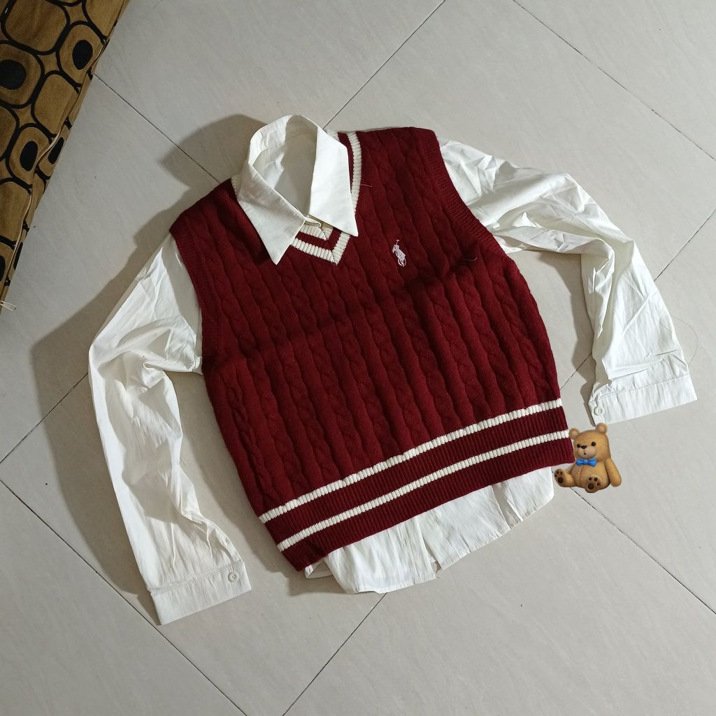 ​set vest rajut v-neck kemeja putih | atasan wanita knit vest stripe