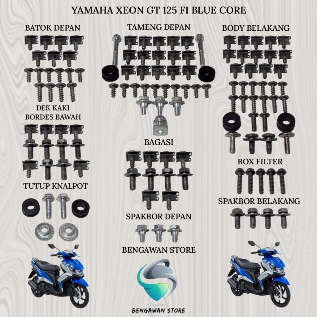 Baut Full Set Cover Bodi Body Yamaha Xeon GT 125 FI Blue Core Lengkap