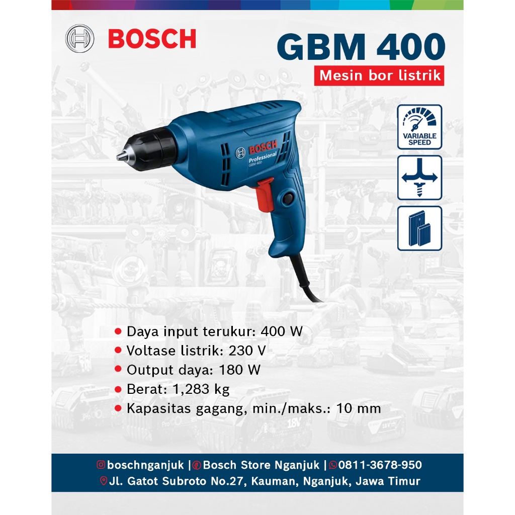 Bosch GBM 400 Professional – Bor Listrik 400 Watt, Bor Tangan Kayu Besi Original Bosch