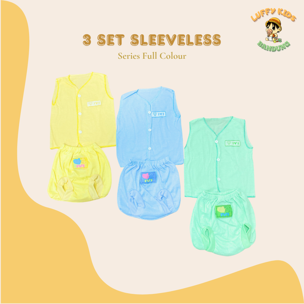 [3 Pcs] Setelan Baju dan Celana Bayi Newborn Seri Polos IVI  Usia 0-3 Bulan Bahan Katun  - LUFFYKIDS