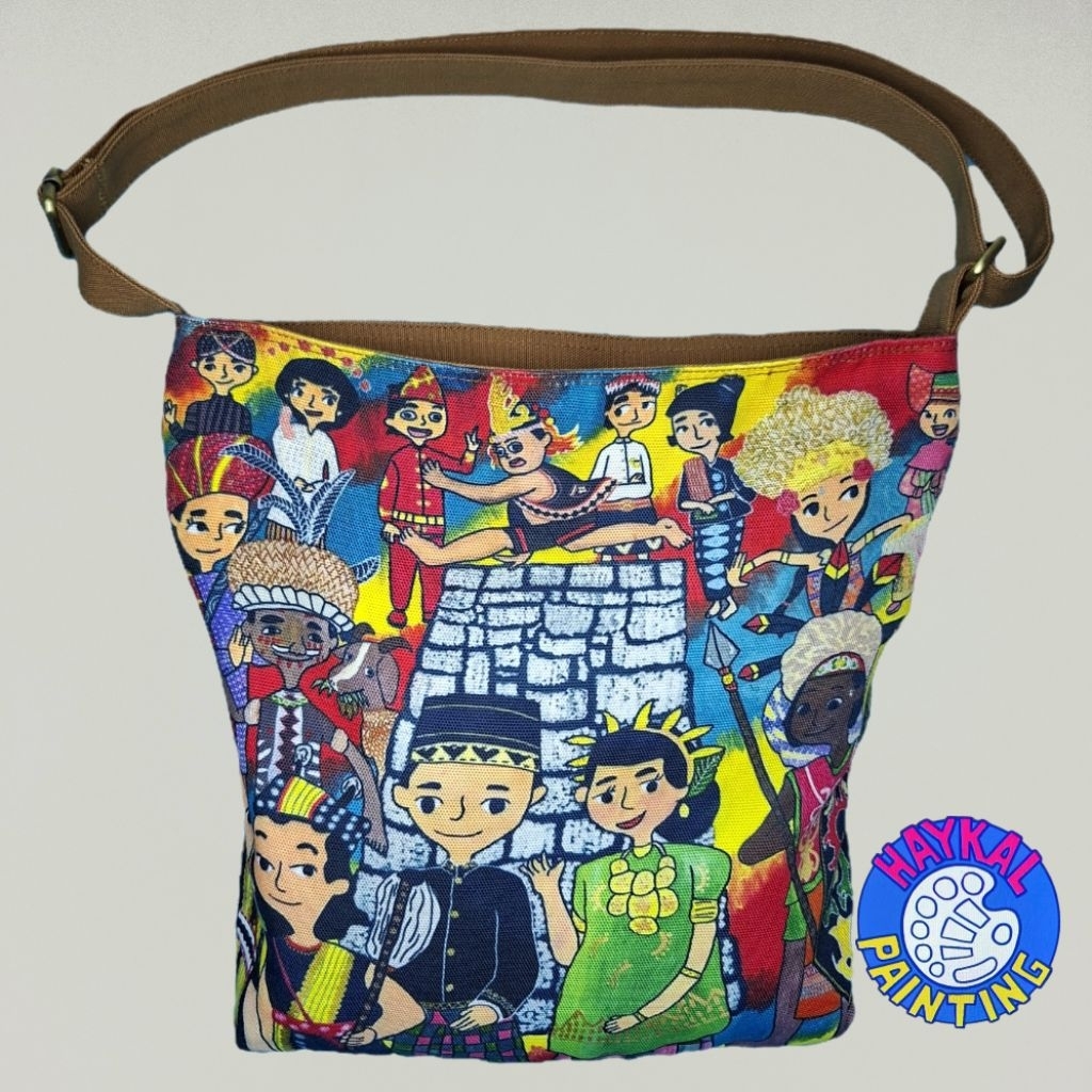 Tas Slempang Wanita Haykal Painting Unik Ringan Kanvas Tali Panjang Tali Panjang Adjustable Ukuran S