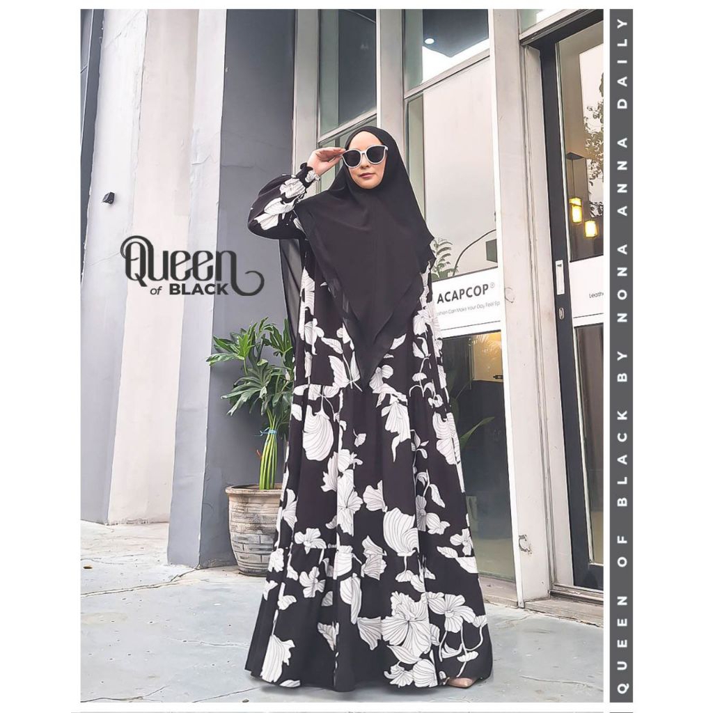 GAMIS QUEEN BLACK BY NONA ANNA DAILY (GAMIS SAJA) // GAMIS SYARI RAYON MOTIF BUNGA HITAM PUTIH