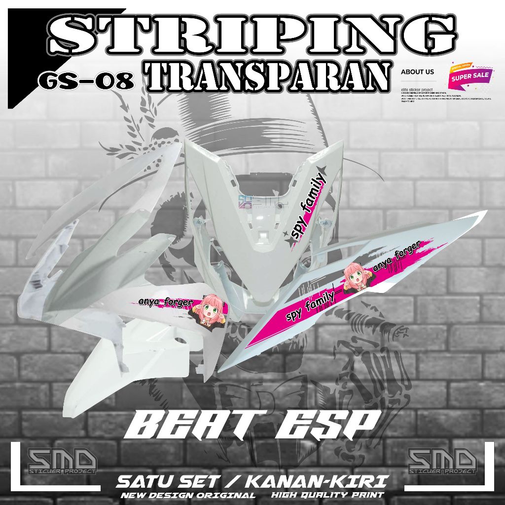 STICKER STRIPING TRANSPARAN MOTOR HONDA BEAT ESP 2016 KARAKTER ANYA GS04