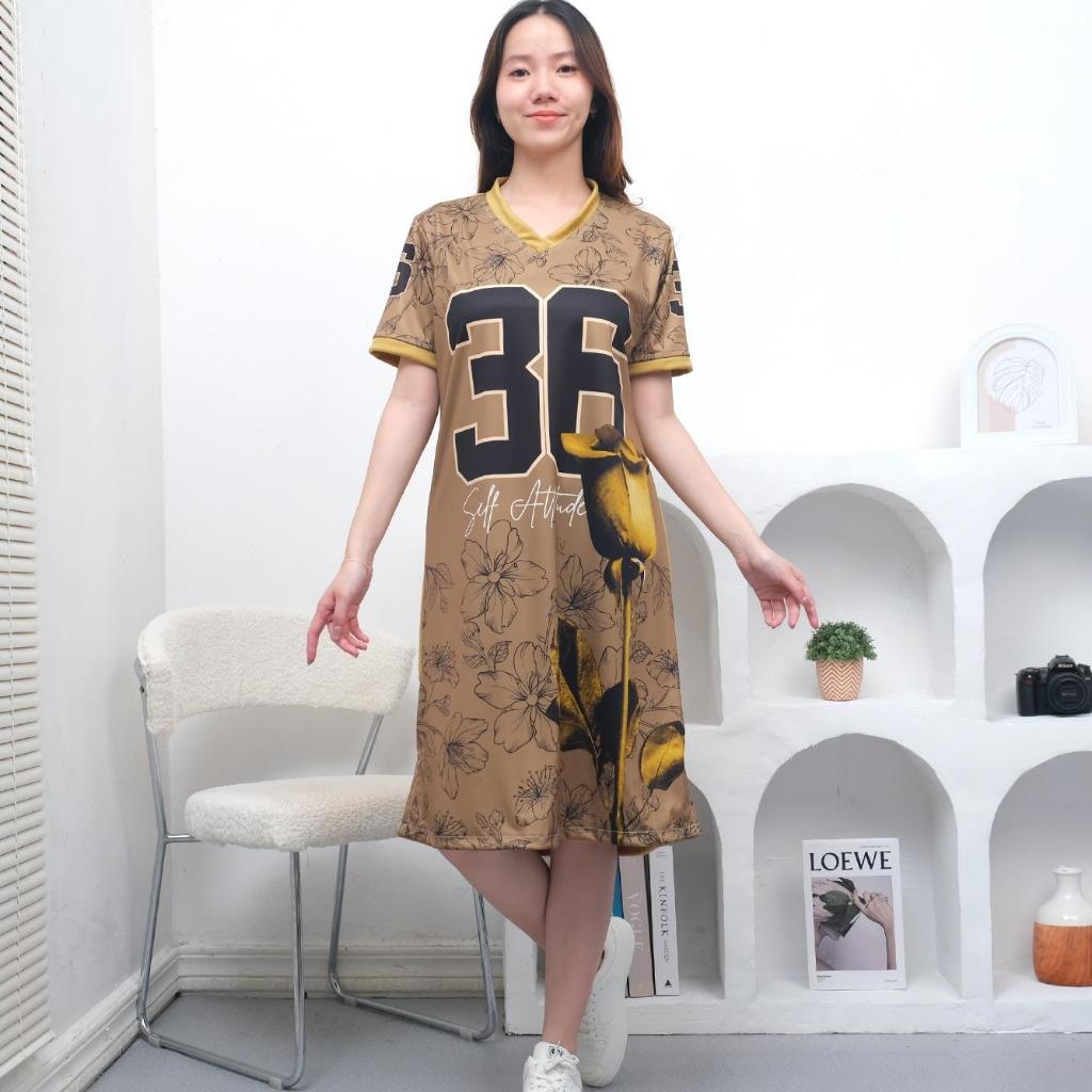 DRESS MIDI ANGKA DRESS JERSEY MOTIF DRESS CASUAL WANITA