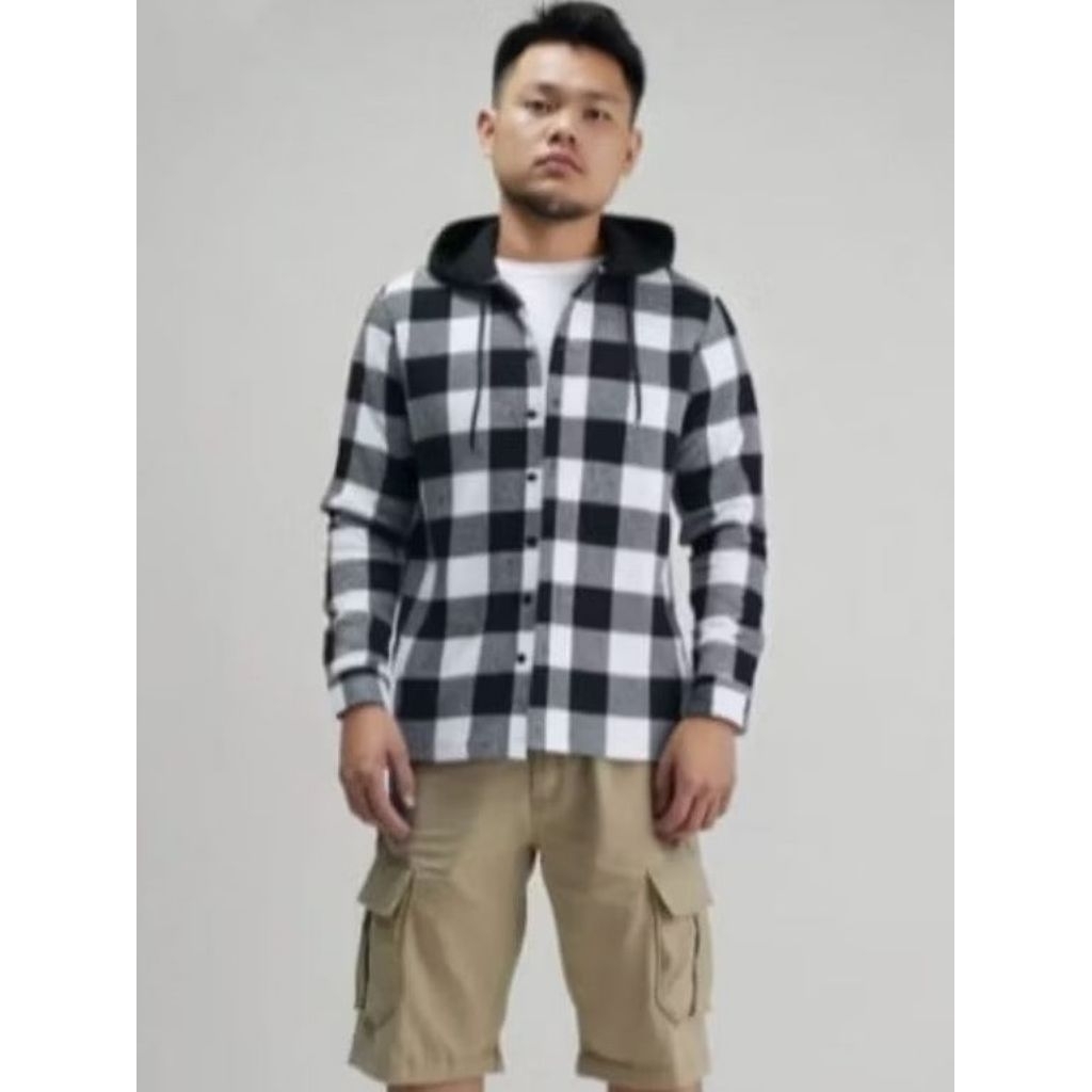 Kemeja Flanel Pria Lengan Panjang Hoodie Bertudung Kemeja Salur Kotak kotak Putih L XL High Quality