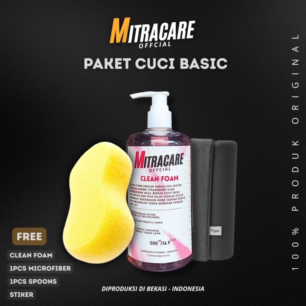Paket Cuci Motor & Mobil Mitracare | Clean Foam Strawberry 500ml, Spons Khusus, dan Lap Microfiber 4