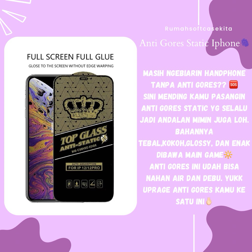 TEMPERED GLASS KACA TOP GLASS FULL LAYAR ANTI STATIC ANTI DEBU & ANTI BEKAS SIDIK JARI IPHONE 7/8/SE