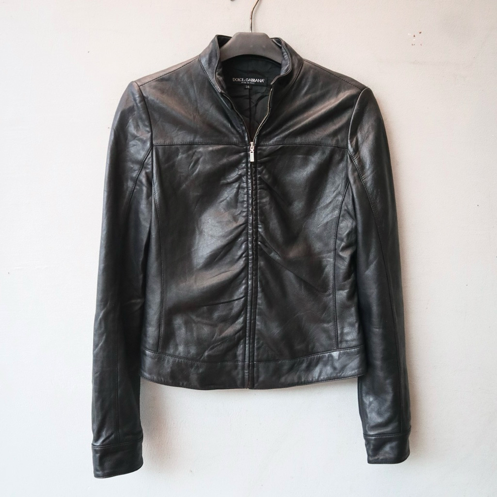 D&G kulit domba Jaket kulit asli slim cewek crop jaket motor casual wanita biker cropped genuine lea