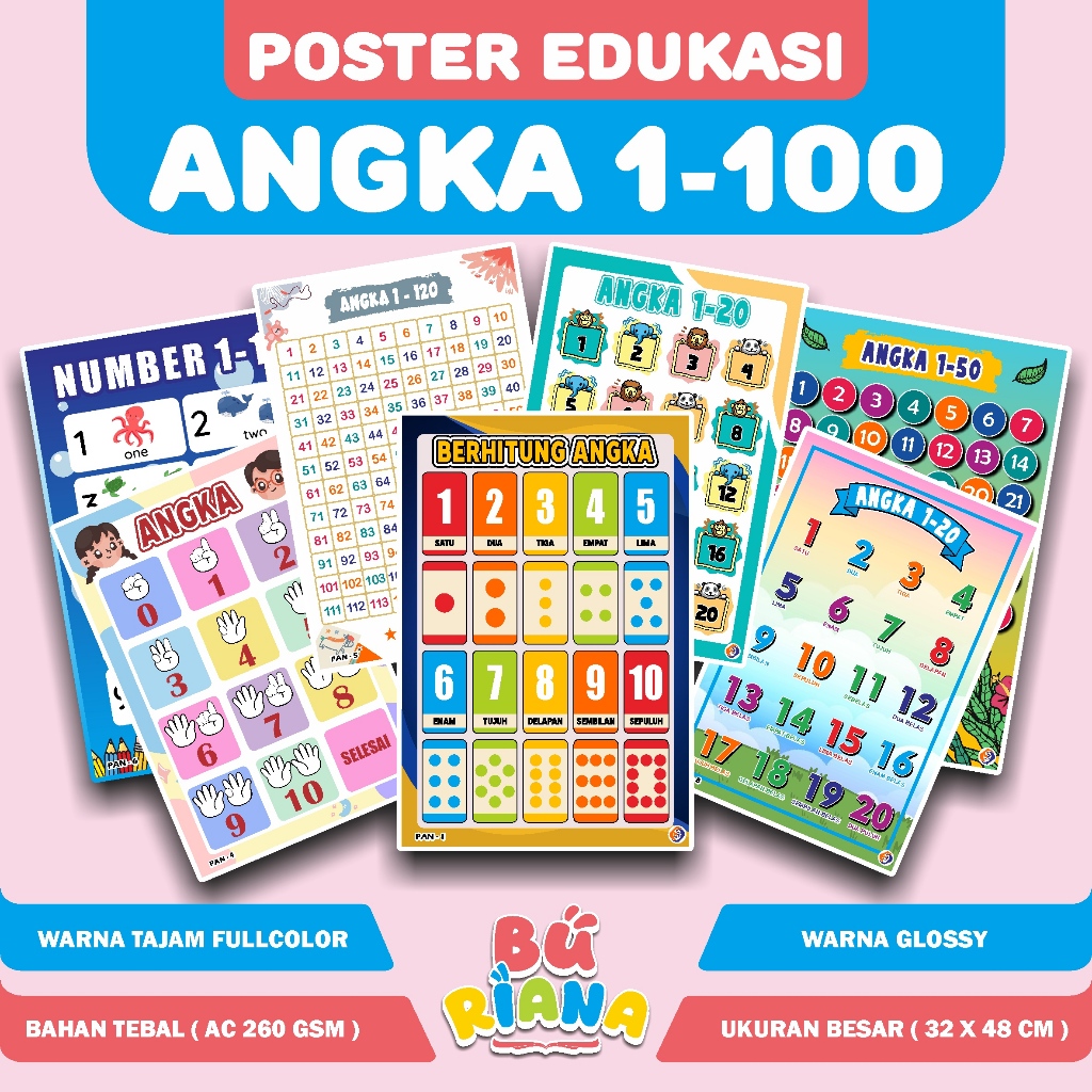 Poster Angka 1-100 / Poster Berhitung Angka / Poster Edukasi Anak