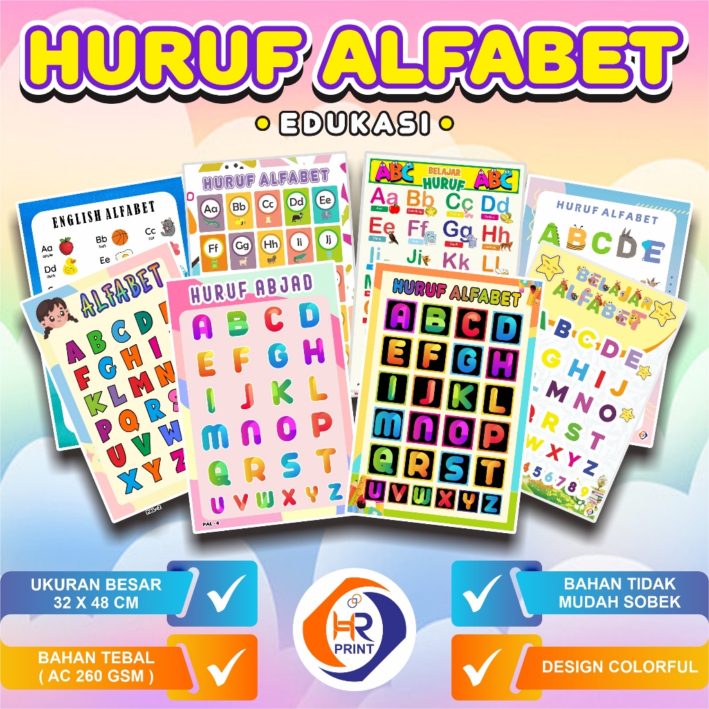 Poster Edukasi HURUF ABJAD ALFABET - Poster Huruf Alfabet -Belajar mengenal HURUF ABJAD ALFABET