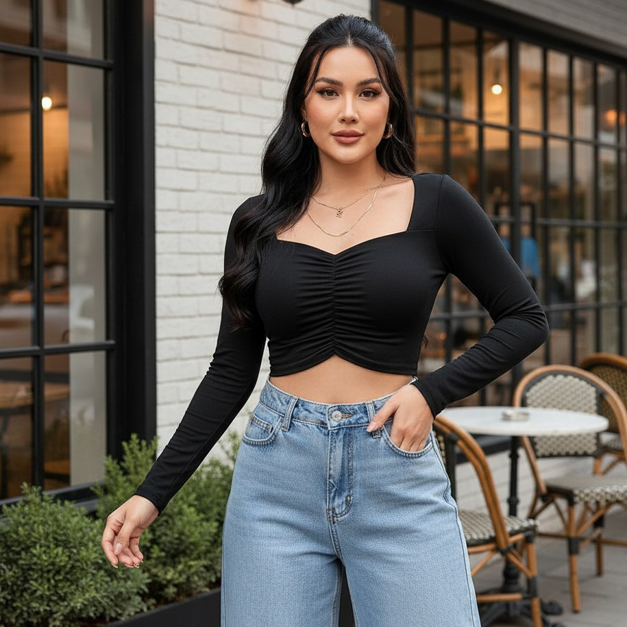 Atasan Wanita Crop Top Serut Tengah Lengan Panjang - Kaos Wanita Lengan Panjang Crop Top Model Terba